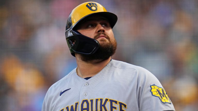 Milwaukee Brewers' Rowdy Tellez waits on deck during the first inning of a baseball game against the Pittsburgh Pirates in Pittsburgh, Friday, June 30, 2023. (Gene J. Puskar/AP)