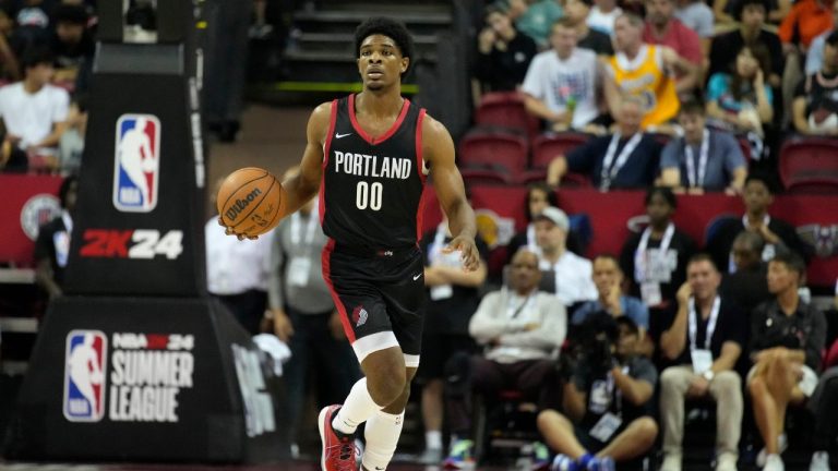 Portland Trail Blazers' Scoot Henderson drives up the court against the Houston Rockets during the second half an NBA summer league basketball game Friday, July 7, 2023, in Las Vegas. (John Locher/AP Photo)