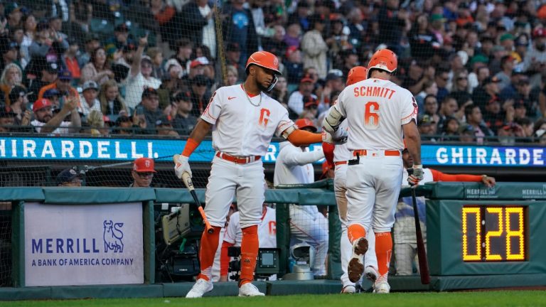 San Francisco Giants' Casey Schmitt (6) celebrates with teammates at the dugout after hitting a sacrifice fly against the Oakland Athletics during the fifth inning of a baseball game, Tuesday, July 25, 2023, in San Francisco. (Godofredo A. Vásquez/AP)