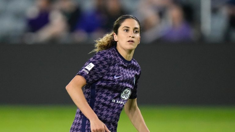 Racing Louisville FC's Savannah DeMelo (7) in action during an NWSL soccer match, Friday, May 12, 2023, in Louisville, Ky. (AJ Mast/AP)