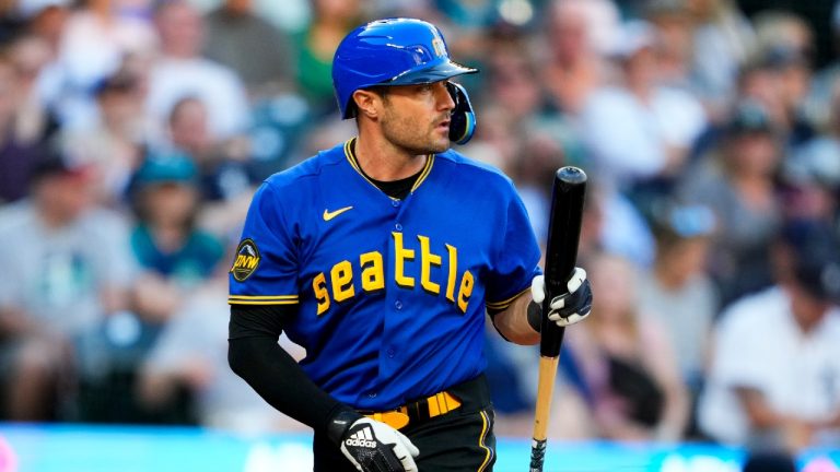 Seattle Mariners' AJ Pollock looks on after an out in a baseball game against the Detroit Tigers, Friday, July 14, 2023, in Seattle. (Lindsey Wasson/AP)