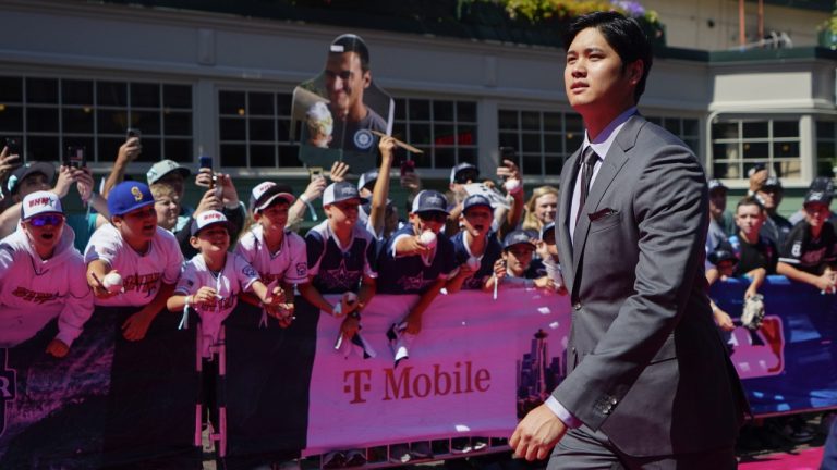 American League's Shohei Ohtani, of the Los Angeles Angels, walks during the All-Star Game red carpet show, Tuesday, July 11, 2023, in Seattle. (Lindsey Wasson/AP)