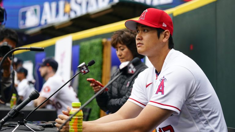 American League's Shohei Ohtani, of the Los Angeles Angels, speaks to media during All-Star Game player availability, Monday, July 10, 2023, in Seattle. The All-Star Game will be played Tuesday, July 11. (Lindsey Wasson/AP)