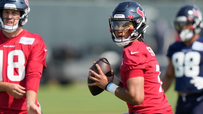 Houston Texans quarterback C.J. Stroud (7) throws a pass during an organized team activity at the football team's training facility Tuesday, May 23, 2023, in Houston. (David J. Phillip/AP)