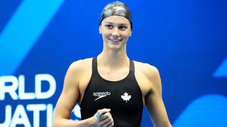 Canada's Summer McIntosh reacts after winning the women's 200m butterfly final at the World Swimming Championships in Fukuoka, Japan, Thursday, July 27, 2023. (Eugene Hoshiko/AP)