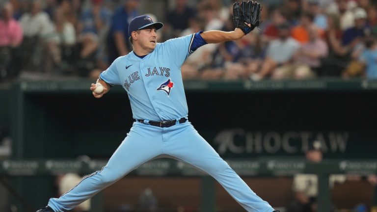 Toronto Blue Jays relief pitcher Erik Swanson throws during a baseball game against the Texas Rangers in Arlington, Texas, Friday, June 16, 2023. (LM Otero/AP)