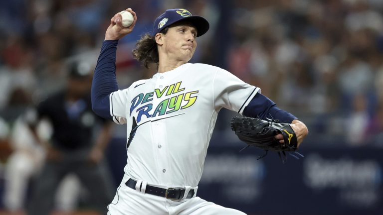 Tampa Bay Rays starting pitcher Tyler Glasnow throws to an Atlanta Braves batter during the first inning of a baseball game Friday, July 7, 2023, in St. Petersburg, Fla. (Mike Carlson/AP)