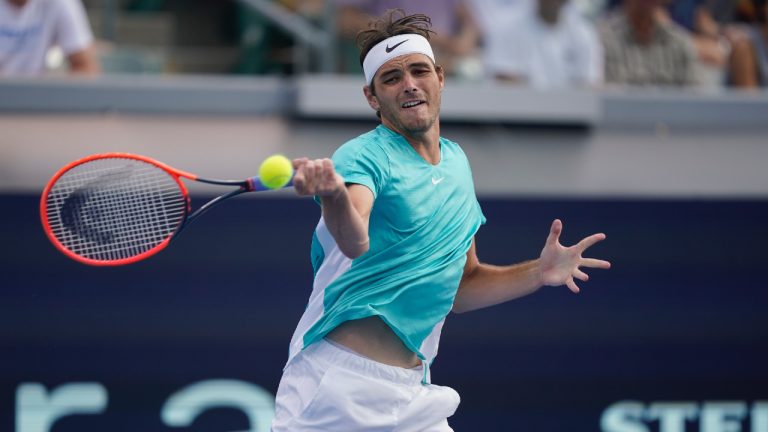 Taylor Fritz during the finals of the Ultimate Tennis Showdown, Sunday, July 23, 2023, in Carson, Calif. (Ryan Sun/AP)