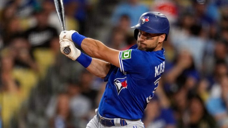 Toronto Blue Jays' Kevin Kiermaier drives in a run with a single during the fifth inning of a baseball game against the Los Angeles Dodgers, Monday, July 24, 2023, in Los Angeles. (Marcio Jose Sanchez/AP)