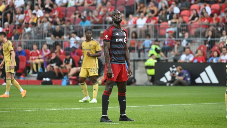 Toronto FC forward C.J. Sapong (9) looks on after missing a scoring attempt during first half MLS action against Real Salt Lake, in Toronto, Saturday, July 1, 2023. (Christopher Katsarov/CP)