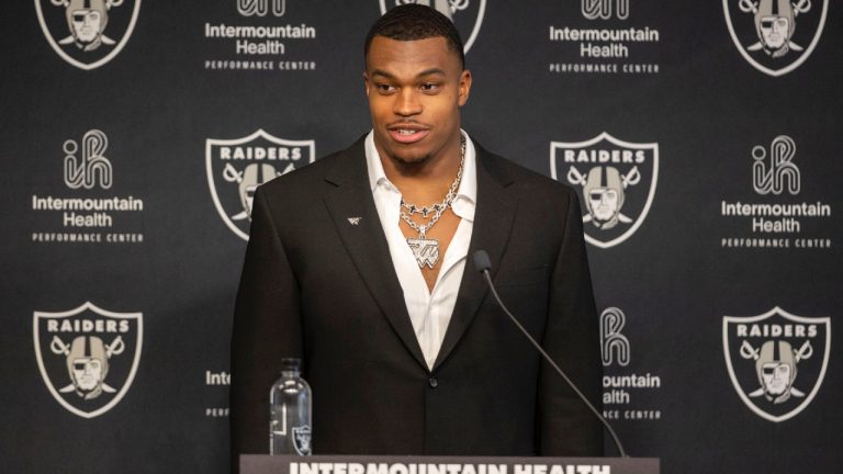 Las Vegas Raiders NFL football draft pick defensive end Tyree Wilson speaks at his introductory news conference Friday, April 28, 2023, in Las Vegas. (Heidi Fang/Las Vegas Review-Journal via AP)