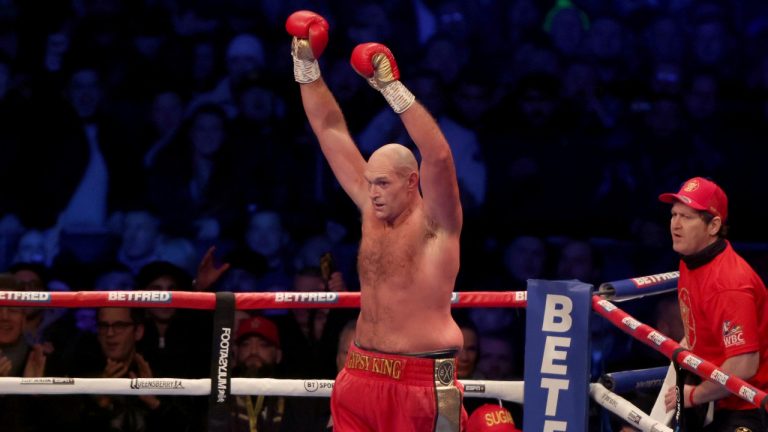 Tyson Fury, celebrates after defending his WBC heavyweight boxing championship against Derek Chisora at Tottenham Hotspur's White Hart Lane stadium London, Saturday Dec. 3, 2022. The fight was stopped by the referee in round 10. (Ian Walton/AP)