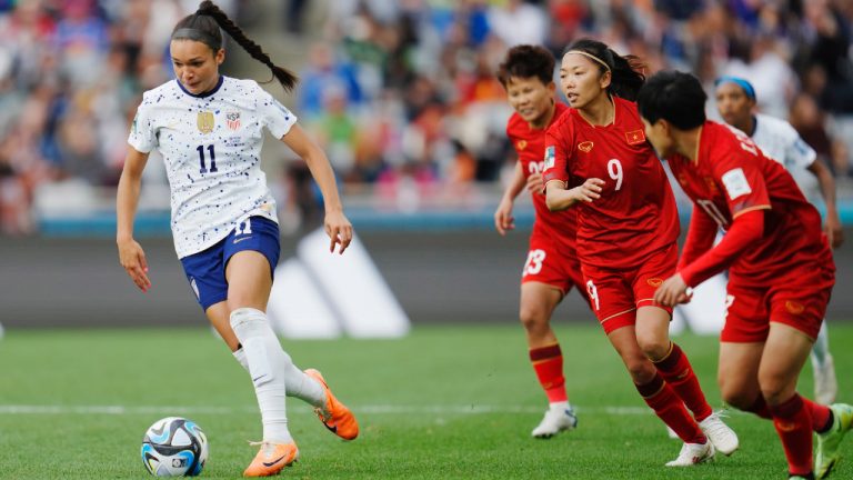 United States' Sophia Smith (11) dribbles during the Women's World Cup Group E soccer match between the United States and Vietnam at Eden Park in Auckland, New Zealand, Saturday, July 22, 2023. (Abbie Parr/AP)