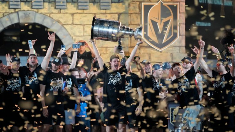 Vegas Golden Knights celebrate with the Stanley Cup during a rally after a parade along the Las Vegas Strip for the NHL hockey champions Saturday, June 17, 2023, in Las Vegas. (John Locher/AP)