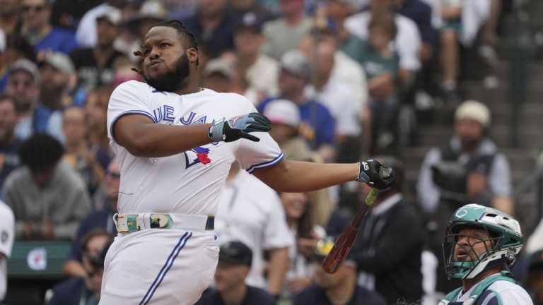 American League's Vladimir Guerrero Jr., of the Toronto Blue Jays, hits during the first round of the MLB All-Star baseball Home Run Derby in Seattle, Monday, July 10, 2023. (Ted Warren/AP)