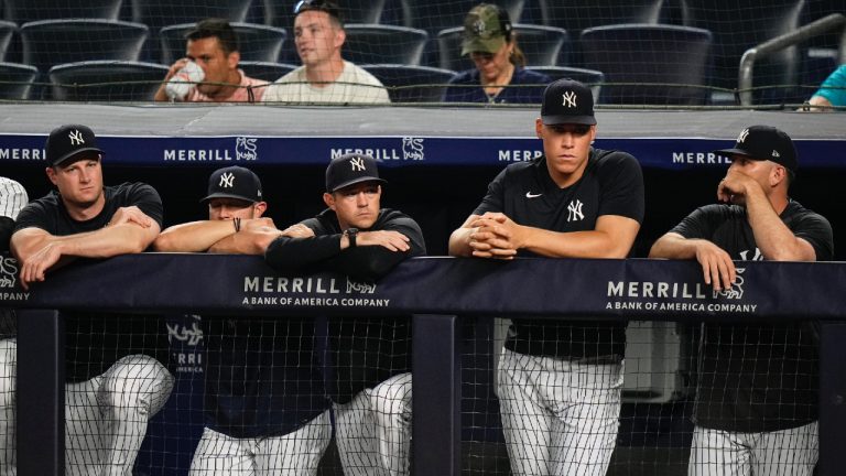 New York Yankees' Aaron Judge, second from right, watches with teammates during the ninth inning of a baseball game against the Baltimore Orioles, Thursday, July 6, 2023, in New York. (Frank Franklin II/AP)