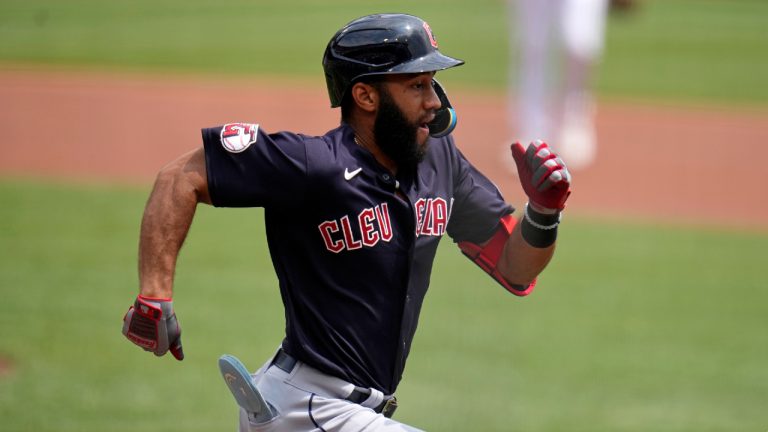 Cleveland Guardians' Amed Rosario runs to first base during a baseball game against the Pittsburgh Pirates in Pittsburgh, Wednesday, July 19, 2023. (Gene J. Puskar/AP)