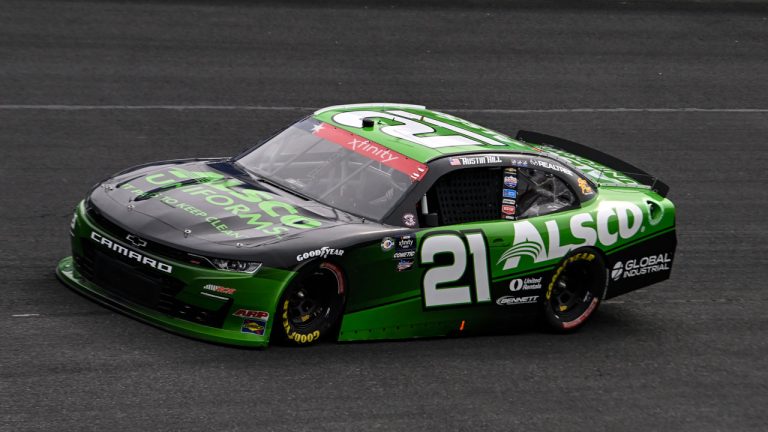 Austin Hill (21) steers through Turn 1 during a NASCAR Xfinity qualifying session at Charlotte Motor Speedway. (Matt Kelley/AP)