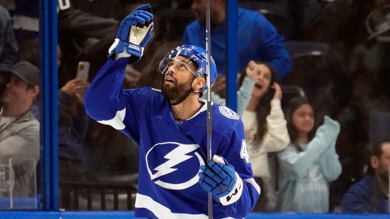 Tampa Bay Lightning left wing Pierre-Edouard Bellemare (41) celebrates after his goal against the Los Angeles Kings during the first period of an NHL hockey game Saturday, Jan. 28, 2023, in Tampa, Fla. (Chris O'Meara/AP)