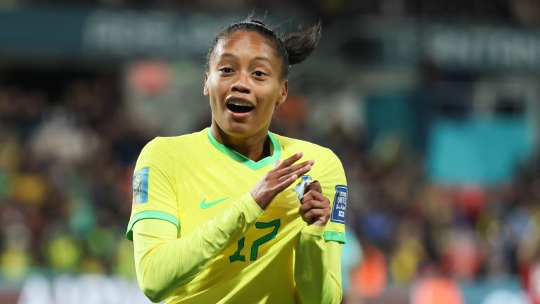 Brazil's Ary Borges celebrates her hat trick goal during the Women's World Cup Group F soccer match between Brazil and Panama in Adelaide, Australia, Monday, July 24, 2023. (James Elsby/AP Photo)