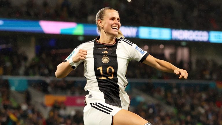 Germany's Klara Buehl celebrates after scoring her side's third goal during the Women's World Cup Group H soccer match between Germany and Morocco in Melbourne, Australia, Monday, July 24, 2023. (Hamish Blair/AP Photo)