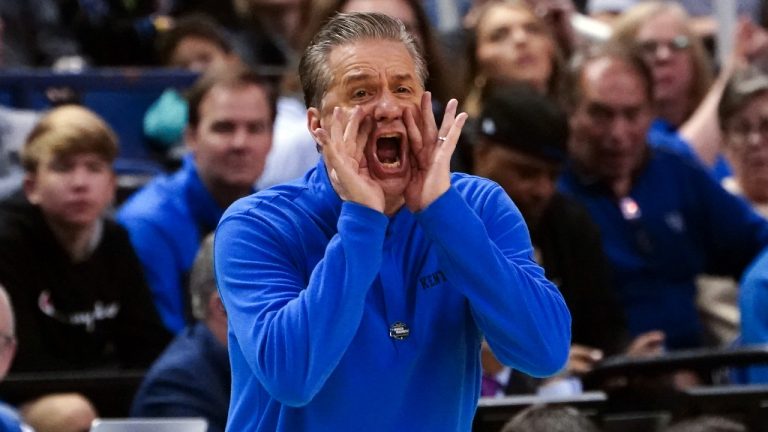 FILE - Kentucky head coach John Calipari shouts to his players during the second half of a first-round college basketball game against Providence in the NCAA Tournament on Friday, March 17, 2023, in Greensboro, N.C. Relief has replaced anxiety among Kentucky's fan base as Wildcats coach John Calipari has assembled a full roster, albeit later than expected. (AP Photo/John Bazemore, File)