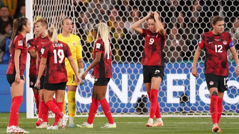 Canada’s Christine Sinclair, right and teammates react after conceding the second goal during first half Group B soccer action against Australia at the FIFA Women's World Cup in Melbourne, Australia. (Scott Barbour/THE CANADIAN PRESS)