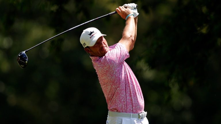 Alex Cejka, of Germany, tees off on the second hole during the final round of a Champions Tour golf tournament,Sunday, May 14, 2023, in Hoover, Ala. (Butch Dill/AP)