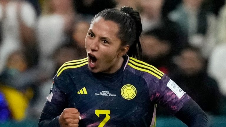 Colombia's Manuela Vanegas celebrates after scoring her side's second goal during the Women's World Cup Group H soccer match between Germany and Colombia at the Sydney Football Stadium in Sydney, Australia, Sunday, July 30, 2023. (Mark Baker/AP Photo)