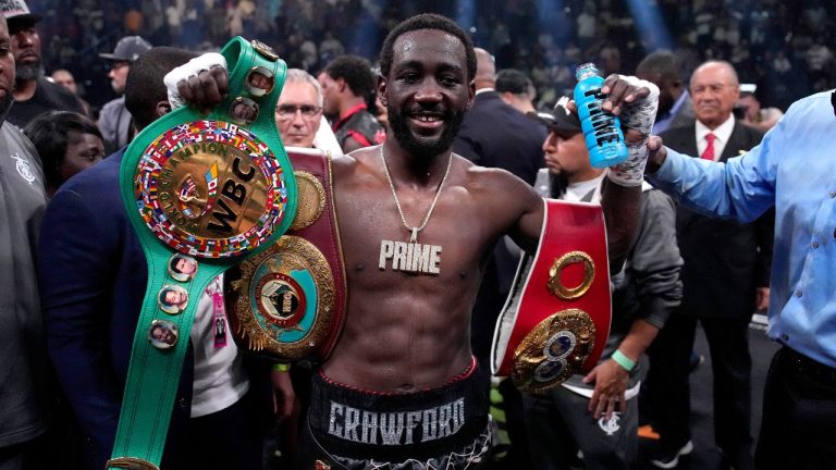 Terence Crawford celebrates his defeat of Errol Spence Jr. after their undisputed welterweight championship boxing match, Saturday, July 29, 2023, in Las Vegas. (John Locher/AP)