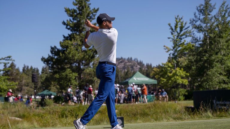 Stephen Curry watches a tee shot Friday, July 14, 2023, during the first round of the American Century Championship celebrity golf tournament at Edgewood Tahoe Golf Course in Stateline, Nev. (Hector Amezcua/The Sacramento Bee via AP)