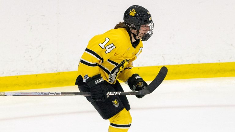 Boston Pride Forward Jillian Dempsey celebrates her goal against the Connecticut Whale in the first period during the Premier Hockey Federation's Isobel Cup final at AdventHealth Center Ice Monday, March 28, 2022, in Wesley Chapel, Fla. (Arielle Bader/Tampa Bay Times via AP)