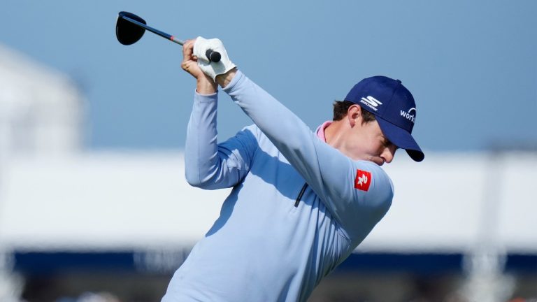 England's Matt Fitzpatrick plays off the 5th tee on the first day of the British Open Golf Championships at the Royal Liverpool Golf Club in Hoylake, England, Thursday, July 20, 2023. (Jon Super/AP)