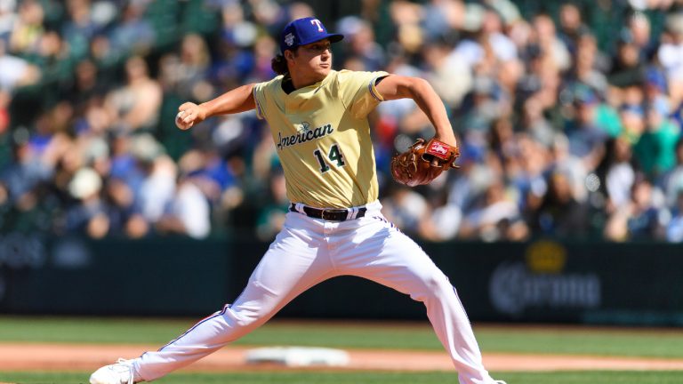 Toronto Blue Jays' Sem Robberse throws during the first inning of the All-Star Futures baseball game Saturday, July 8, 2023, in Seattle. (Caean Couto/AP)