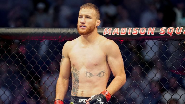 FILE - Justin Gaethje before fighting Michael Chandler during a lightweight mixed martial arts bout at UFC 268, Saturday, Oct. 6, 2021, in New York. (Corey Sipkin/AP)