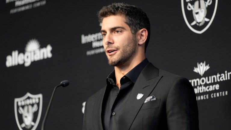 Las Vegas Raiders quarterback Jimmy Garoppolo takes questions at an NFL football news conference Friday, March 17, 2023, in Henderson, Nev. (John Locher/AP)