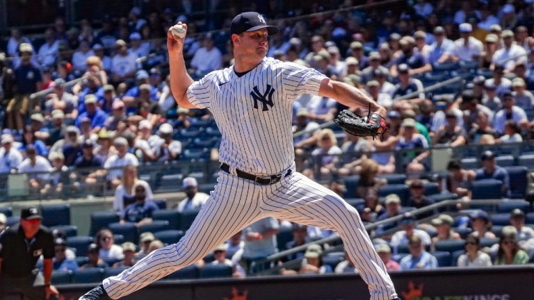 New York Yankees' Gerrit Cole throws during the first inning of a baseball game against Kansas City Royals, Saturday, July 22, 2023, in New York. (Bebeto Matthews/AP)