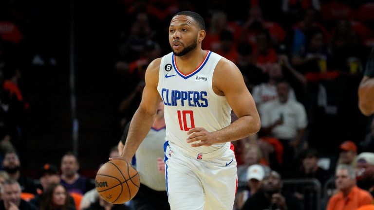 Los Angeles Clippers guard Eric Gordon (10) during Game 5 of a first-round NBA basketball playoff series against the Phoenix Suns, Tuesday, April 25, 2023, in Phoenix. (Matt York/AP Photo)