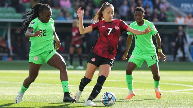 Canada's Julia Grosso competes for the ball during Group B soccer action against Nigeria at the FIFA Women's World Cup in Melbourne, Australia, Friday, July 21, 2023. (Scott Barbour/CP)