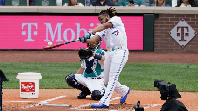 American League's Vladimir Guerrero Jr., of the Toronto Blue Jays, hits during the first round of the MLB All-Star baseball Home Run Derby. (John Froschauer/AP)