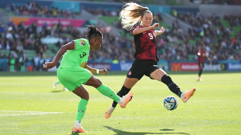 Canada's Jordyn Huitema battles for the ball with Nigeria's Osinachi Ohale during Group B soccer action at the FIFA Women's World Cup in Melbourne, Australia, Friday, July 21, 2023. (Scott Barbour/CP)