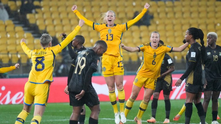 Sweden's Amanda Ilestedt reacts after scoring her team's second goal during the Women's World Cup Group G soccer match between Sweden and South Africa in Wellington, New Zealand, Sunday, July 23, 2023. (John Cowpland/AP)