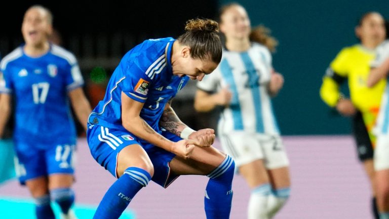 Italy's Elena Linari celebrates at the end of the Women's World Cup Group G soccer match between Italy and Argentina at Eden Park in Auckland, New Zealand, Monday, July 24, 2023. (Abbie Parr/AP Photo)