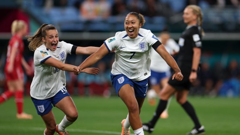 England's Lauren James, right, celebrates a first half goal with teammate England's Ella Toone during the Women's World Cup Group D soccer match between England and Denmark at Sydney Football Stadium in Sydney, Australia, Friday, July 28, 2023. (Sophie Ralph/AP Photo)