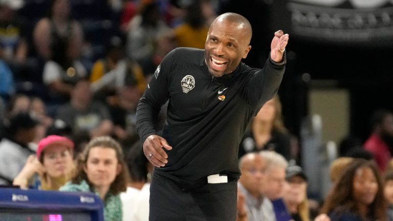 Chicago Sky coach James Wade yells to a referee during the second half of the team's WNBA basketball game against the Washington Mystics on Thursday, June 22, 2023, in Chicago. (Charles Rex Arbogast/AP)