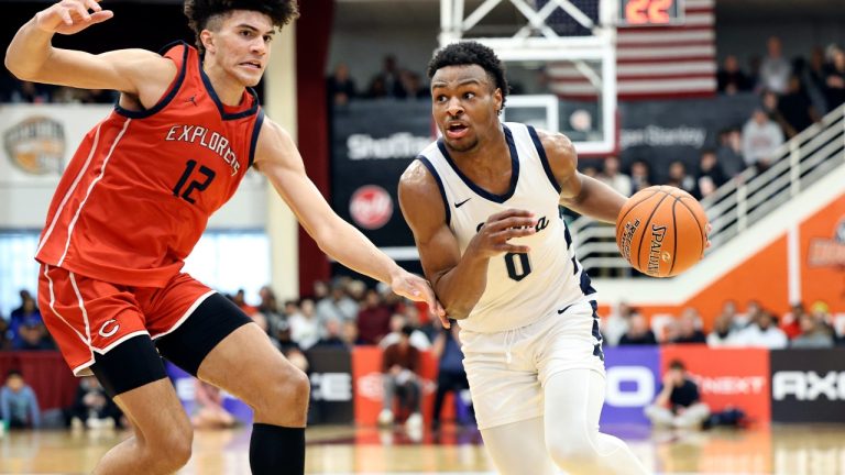 Sierra Canyon's Bronny James (0) drives against Christopher Columbus during a high school basketball game at the Hoophall Classic, Monday, Jan. 16, 2023, in Springfield, Mass. (Gregory Payan/AP)