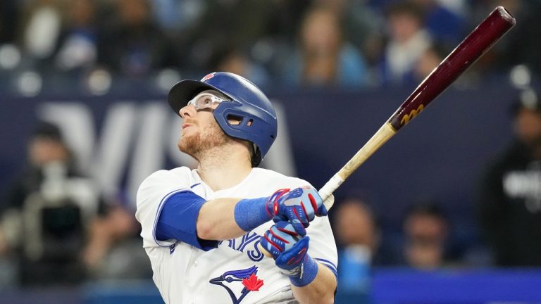 Toronto Blue Jays' Danny Jansen watches the ball as he flies out during ninth inning American League MLB baseball action, against the Chicago White Sox in Toronto, on Tuesday, April 25, 2023. (Chris Young/CP)