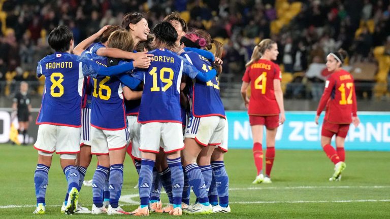 Japan's Mina Tanaka celebrates with teammates after scoring her side's 4th goal during the Women's World Cup Group C soccer match between Japan and Spain in Wellington, New Zealand. (John Cowpland/AP)