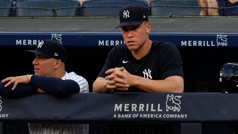 New York Yankees Aaron Judge watches during the first inning of a baseball game between the New York Yankees and the Baltimore Orioles Monday, July 3, 2023, in New York. (Frank Franklin II/AP)