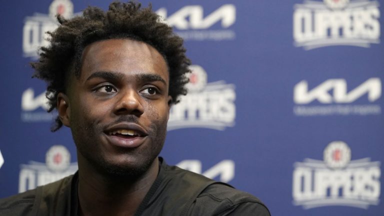 First-round draft pick Kobe Brown, selected 30th overall by Los Angeles Clippers, speaks at a news conference in Los Angeles. (Damian Dovarganes/AP)